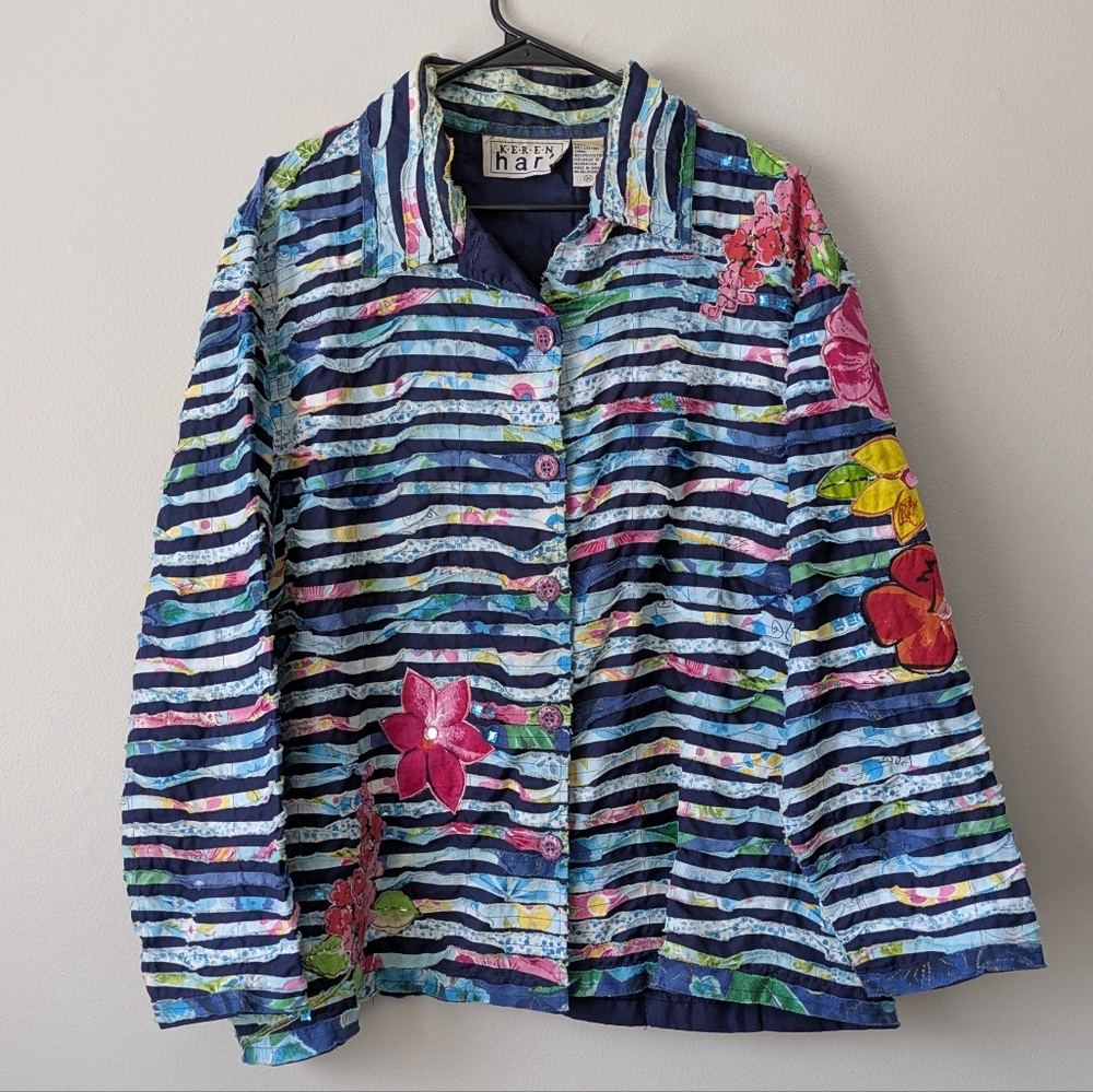 Keren Hart Striped Floral Appliqué Jacket • Artsy Textured Button Down • Size 2X